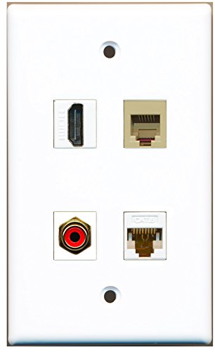 RiteAV - 1 Port HDMI 1 Port RCA Red 1 Port Phone RJ11 RJ12 Beige 1 Port Cat6 Ethernet White Wall Plate