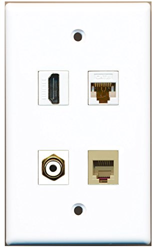 RiteAV - 1 Port HDMI 1 Port RCA White 1 Port Phone RJ11 RJ12 Beige 1 Port Cat6 Ethernet White Wall Plate