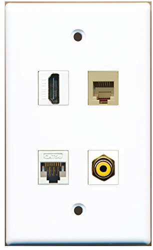 RiteAV - 1 Port HDMI 1 Port RCA Yellow 1 Port Phone RJ11 RJ12 Beige 1 Port Cat5e Ethernet White Wall Plate