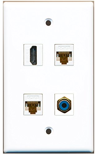 RiteAV - 1 Port HDMI 1 Port RCA Blue 2 Port Cat6 Ethernet White Wall Plate