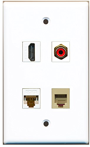 RiteAV - 1 Port HDMI 1 Port RCA Red 1 Port Phone RJ11 RJ12 Beige 1 Port Cat6 Ethernet White Wall Plate