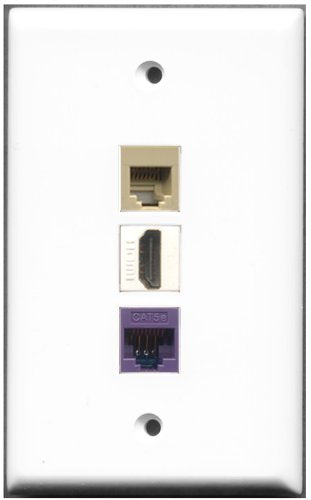 RiteAV - 1 Port HDMI 1 Phone RJ11 RJ12 Beige 1 Cat5e Ethernet Purple Wall Plate