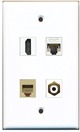 RiteAV - 1 Port HDMI 1 Port RCA White 1 Port Phone RJ11 RJ12 Beige 1 Port Cat5e Ethernet White Wall Plate