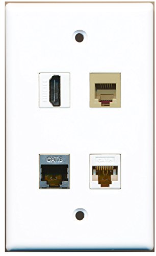 RiteAV - 1 Port HDMI 1 Port Phone RJ11 RJ12 Beige 1 Port Shielded Cat6 Ethernet 1 Port Cat6 Ethernet White Wall Plate