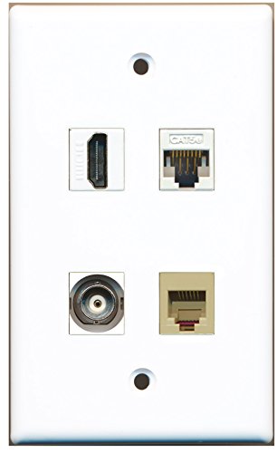 RiteAV - 1 Port HDMI 1 Port Phone RJ11 RJ12 Beige 1 Port BNC 1 Port Cat5e Ethernet White Wall Plate