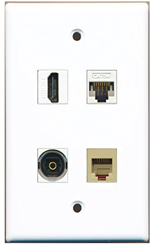 RiteAV - 1 Port HDMI 1 Port Phone RJ11 RJ12 Beige 1 Port Toslink 1 Port Cat5e Ethernet White Wall Plate