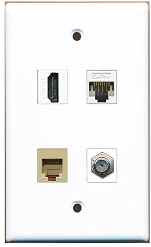 RiteAV - 1 Port HDMI 1 Port Coax Cable TV- F-Type 1 Port Phone RJ11 RJ12 Beige 1 Port Cat5e Ethernet White Wall Plate