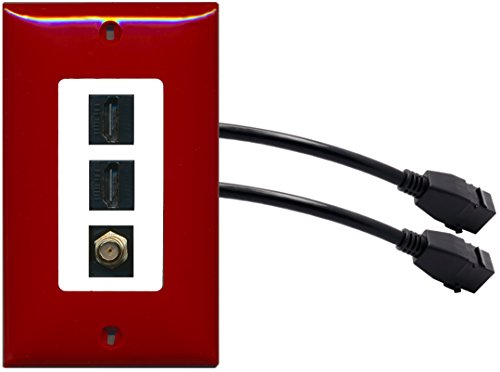 RiteAV (1 Gang Decorative) 2 HDMI Black Coax Wall Plate w/ Pigtail Extension Cable Red on White