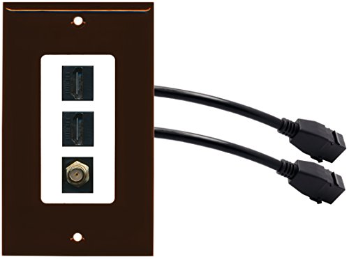 RiteAV (1 Gang Decorative) 2 HDMI Black Coax Wall Plate w/ Pigtail Extension Cable Brown on White