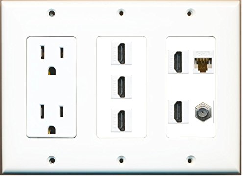 RiteAV - (3 Gang) 15A Power Outlet 5 HDMI Coax Cat6 Ethernet Wall Plate White