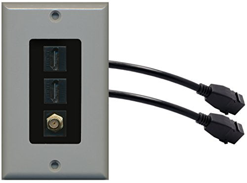 RiteAV (1 Gang Decorative) 2 HDMI Black Coax Wall Plate w/ Pigtail Extension Cable Gray (Black Insert)