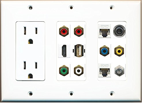 RiteAV (3 Gang) 15A Outlet HDMI Coax 2 Cat5e Component RCA Yellow 3.5mm USB Wall Plate