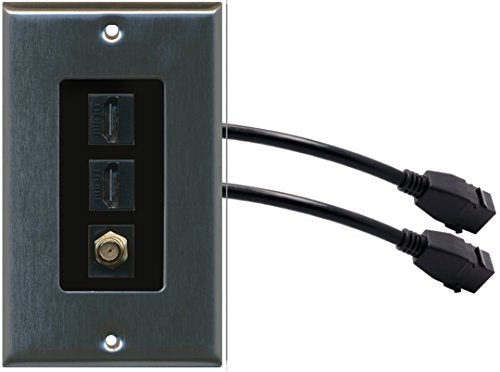 RiteAV (1 Gang Decorative) 2 HDMI Black Coax Wall Plate w/ Pigtail Extension Cable Stainless (Black Insert)