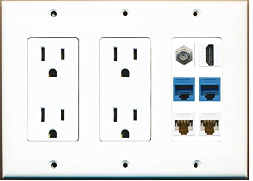 RiteAV - (3 Gang) 2 15A Power Outlet HDMI Coax 2 Cat6 White 2 Cat6 Blue Wall Plate White