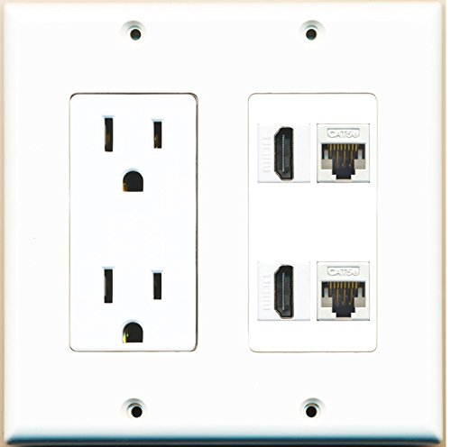 RiteAV (2 Gang Decorative) 15A Power Outlet 2 HDMI 2 Cat5e Wall Plate White