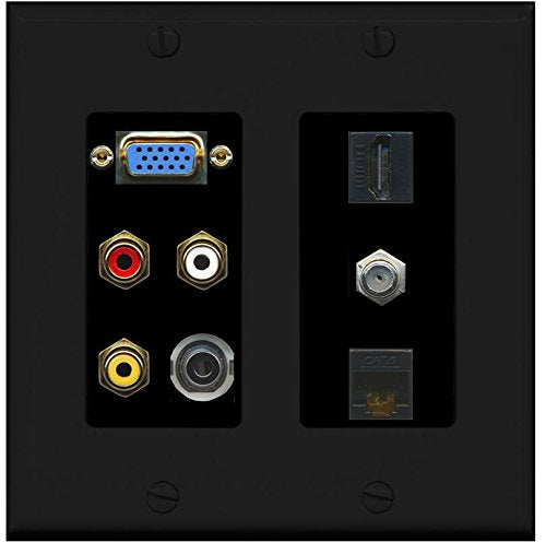 RiteAV - (2 Gang) SVGA Composite 3.5mm (Black) HDMI Black Coax Cat6 Wall Plate Black