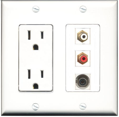 RiteAV - 15 Amp Power Outlet 1 Port RCA Red 1 Port RCA White 1 Port 3.5mm Decorative Wall Plate