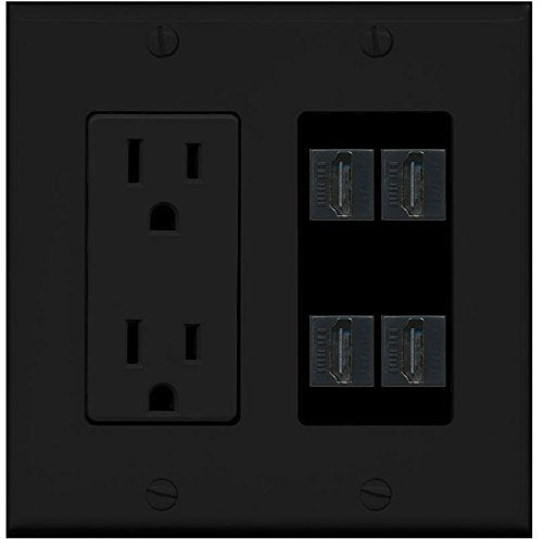 RiteAV - (2 Gang Decorative) 15A Power Outlet 4 HDMI Black Wall Plate Black