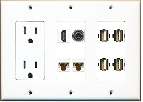 RiteAV (3 Gang) 15A Power Outlet HDMI 2 Cat6 White 3.5mm 4 USB A-A Wall Plate White