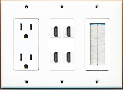 RiteAV - (3 Gang) 15A Power Outlet Mesh-Brush 4 HDMI Wall Plate White