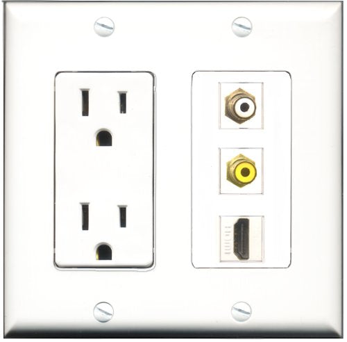 RiteAV - 15 Amp Power Outlet 1 Port HDMI 1 Port RCA White 1 Port RCA Yellow Decorative Wall Plate