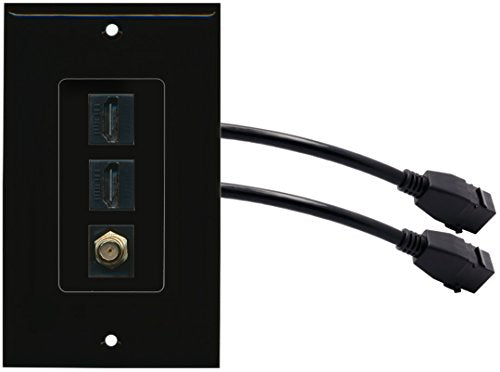 RiteAV (1 Gang Decorative) 2 HDMI Black Coax Wall Plate w/ Pigtail Extension Cable Black