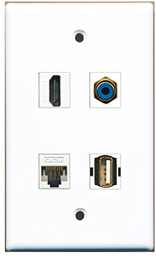 RiteAV - 1 Port HDMI 1 Port RCA Blue 1 Port USB A-A 1 Port Cat5e Ethernet White Wall Plate