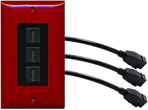 RiteAV (1 Gang Decorative) 3 HDMI Black Wall Plate w/ Pigtail Extension Cable Red (Black Insert)