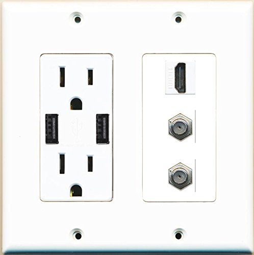 RiteAV Power Outlet 2 USB Charger HDMI White 2 Coax Wall Plate White