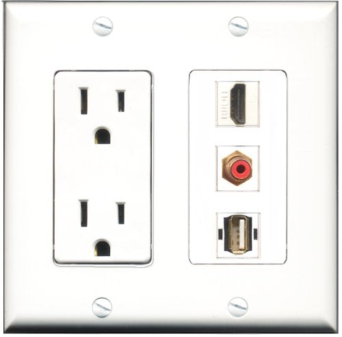 RiteAV - 15 Amp Power Outlet 1 Port HDMI 1 Port RCA Red 1 Port USB A-A Decorative Wall Plate