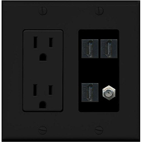 RiteAV - (2 Gang Decorative) 15A Power Outlet 3 HDMI Black Coax Black Wall Plate Black