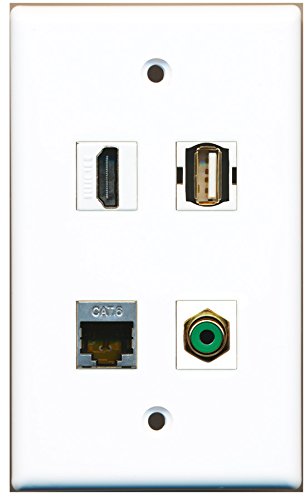 RiteAV - 1 Port HDMI 1 Port RCA Green 1 Port USB A-A 1 Port Shielded Cat6 Ethernet Wall Plate