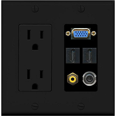 RiteAV (2 Gang) 15A Power Outlet Svga RCA Yellow 3.5mm 2 HDMI Wall Plate Black