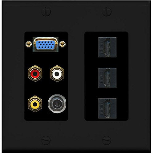 RiteAV (2 Gang Decorative) Svga Composite 3.5mm 3 HDMI Wall Plate Black