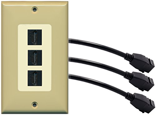 RiteAV (1 Gang Decorative) 3 HDMI Black Wall Plate w/ Pigtail Extension Cable Ivory (Lt. Almond Insert)