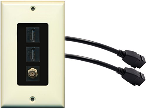 RiteAV (1 Gang Decorative) 2 HDMI Black Coax Wall Plate w/ Pigtail Extension Cable Lt. Almond (Black Insert)