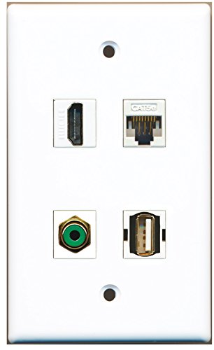 RiteAV - 1 Port HDMI 1 Port RCA Green 1 Port USB A-A 1 Port Cat5e Ethernet White Wall Plate