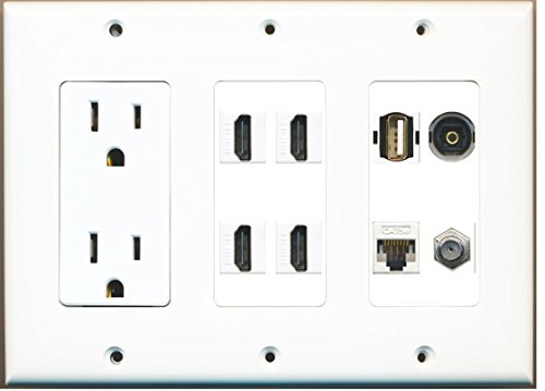 RiteAV (3 Gang) 15A Power Outlet 4 HDMI Coax Cat5e Toslink USB A-A Wall Plate White