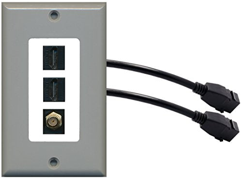 RiteAV (1 Gang Decorative) 2 HDMI Black Coax Wall Plate w/ Pigtail Extension Cable Gray on White