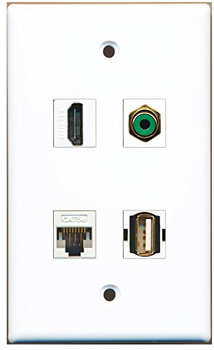 RiteAV - 1 Port HDMI 1 Port RCA Green 1 Port USB A-A 1 Port Cat5e Ethernet White Wall Plate