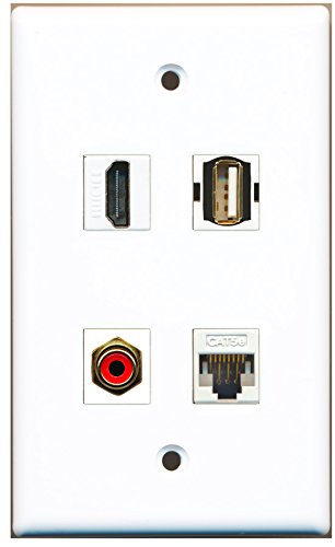 RiteAV - 1 Port HDMI 1 Port RCA Red 1 Port USB A-A 1 Port Cat5e Ethernet White Wall Plate