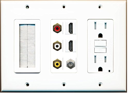 RiteAV - (3 Gang) 15A GFCI Outlet Mesh-Brush 2 HDMI Coax Composite Video Wall Plate White