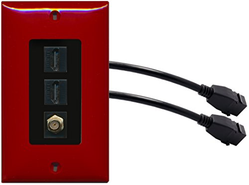 RiteAV (1 Gang Decorative) 2 HDMI Black Coax Wall Plate w/ Pigtail Extension Cable Red (Black Insert)