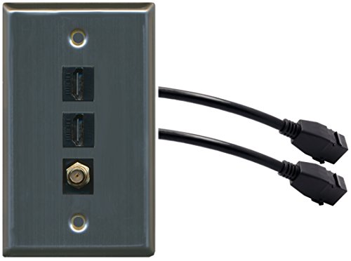 RiteAV (1 Gang Flat) 2 HDMI Black Coax Wall Plate w/ Pigtail Extension Cable Stainless Steel