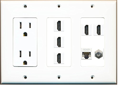 RiteAV - (3 Gang) 15A Power Outlet 5 HDMI Coax Cat5e Wall Plate White