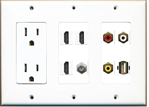 RiteAV (3 Gang) 15A Power Outlet 3 HDMI Coax Composite Video USB A-A Wall Plate White