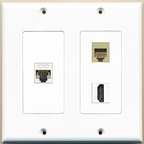 RiteAV - 1 Port HDMI 1 Port Phone RJ11 RJ12 Beige 1 Port Cat5e Ethernet White - 2 Gang Wall Plate