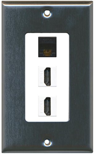 RiteAV - 1 Cat6 Black Ethernet Port and 2 HDMI Female Decorative Wall Plate - Stainless Steel/White