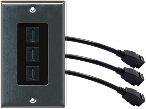 RiteAV (1 Gang Decorative) 3 HDMI Black Wall Plate w/ Pigtail Extension Cable Stainless (Black Insert)