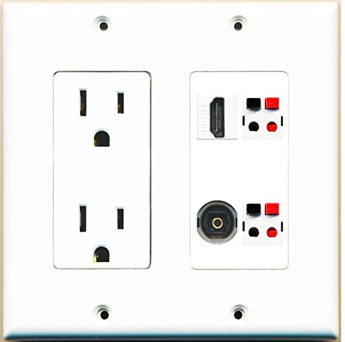 RiteAV - (2 Gang Decorative) 15A Power Outlet HDMI 2 Speaker Jack Toslink Wall Plate White